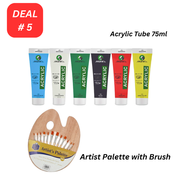 Maries Acrylic Paint of 6 Basic Colors Set with Artist Paint Palette & Brushes Deal No. 5